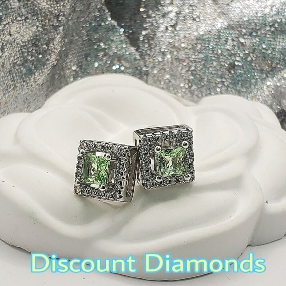 Green Halo Moissanite & Clear White Baguette Diamond Earrings on 925 Silver